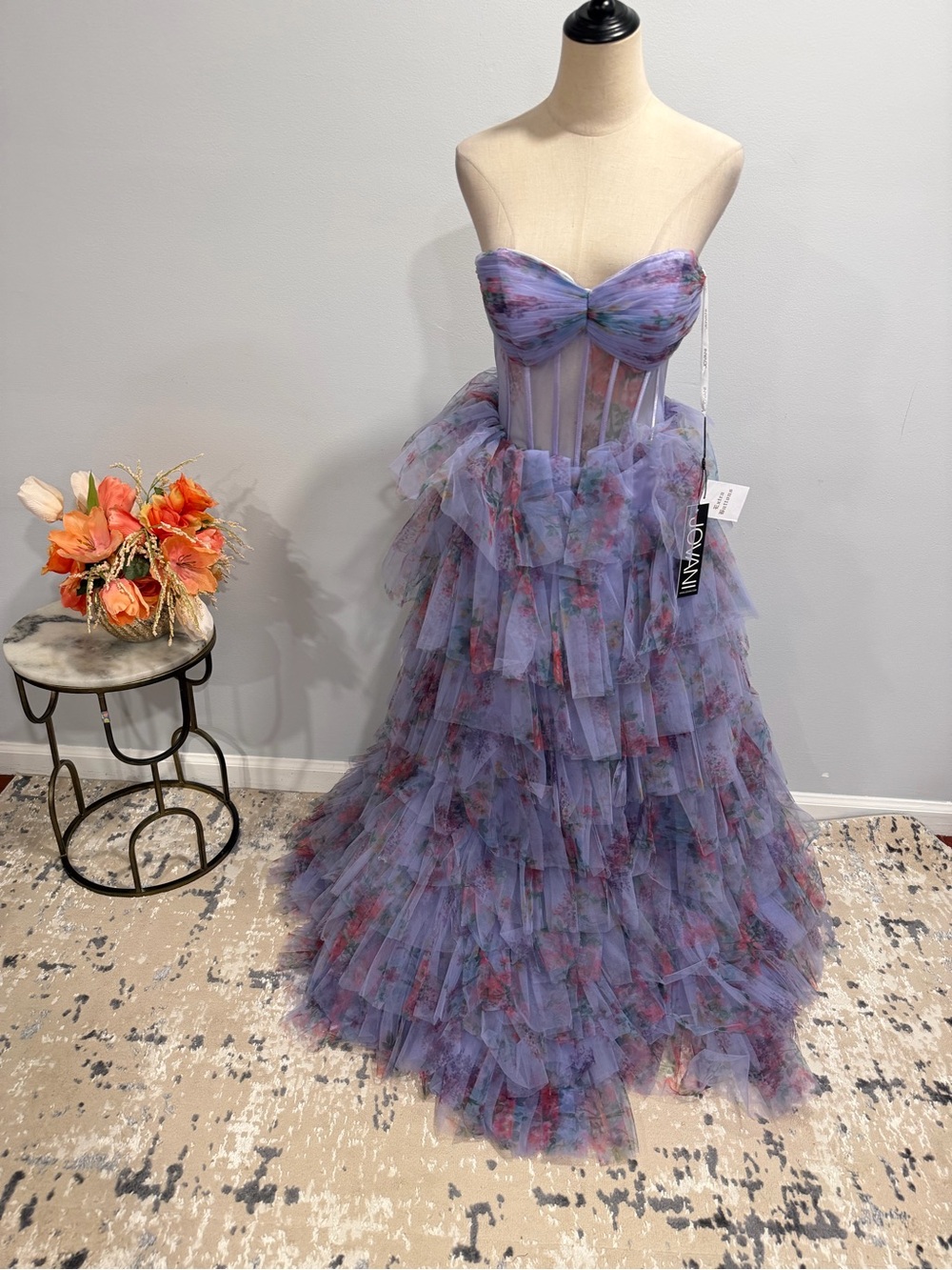 Jovani Lavender Lilac Floral Strapless Tiered Tulle Maxi Ballgown Dress